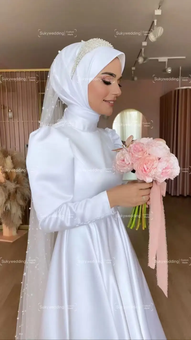 Modest Muslim Wedding Dresses Long Sleeves High Neck Satin Bridal Gown Saudi Bespoke Formal Evening Party Dress Customized