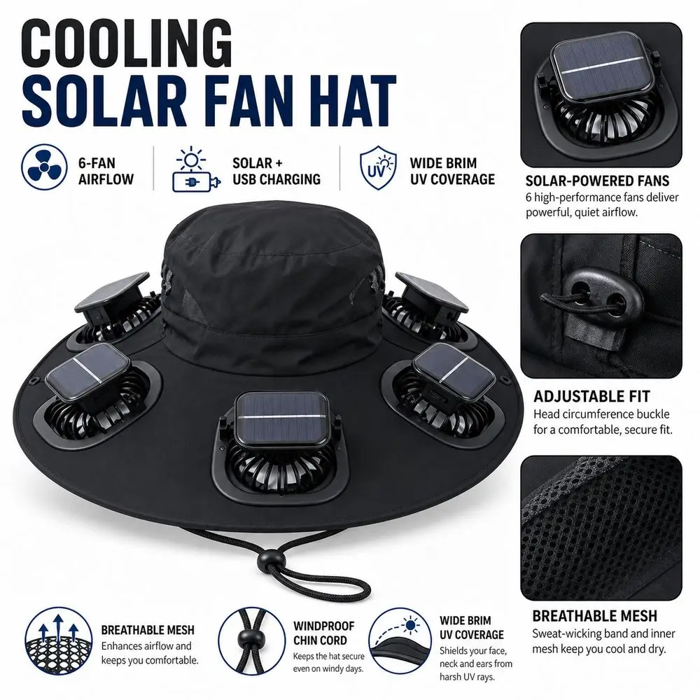 New 6 Fans Solar Fan Hat Breathable Wide Brim Fan Visor Cap UV Protection Adjustable Solar Sun Cap Outdoor Hiking