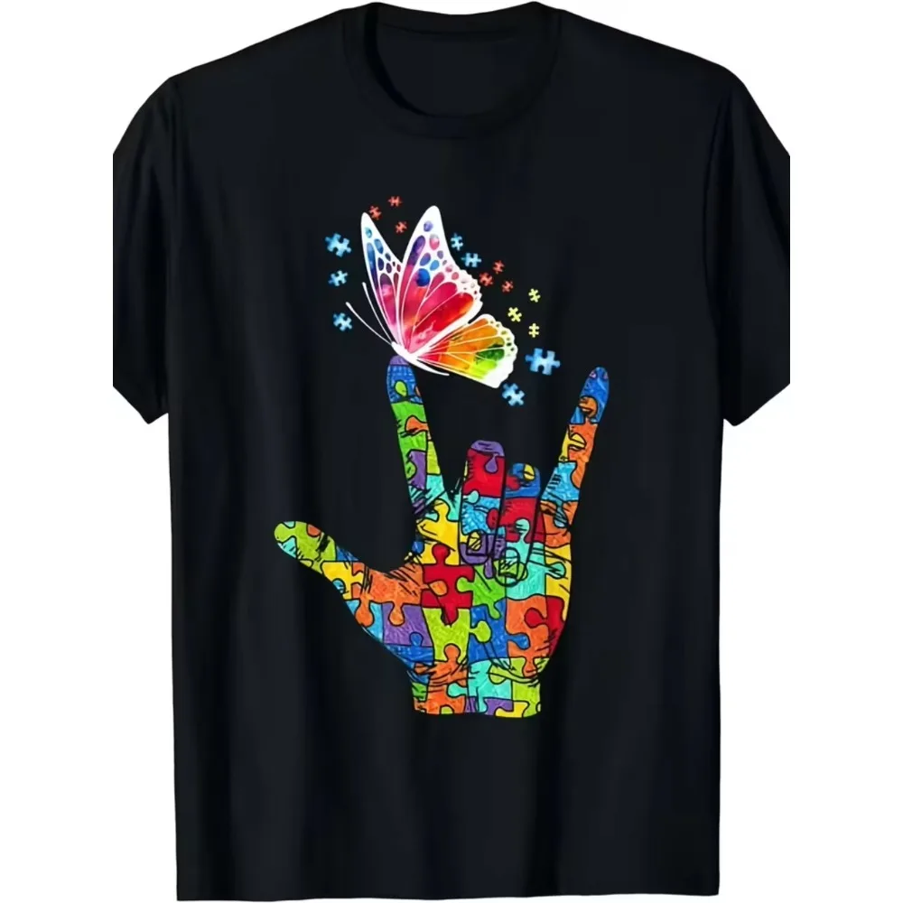 Autism Awareness T Shirt Men Women I Love You Hand Sign Graphic Tees Puzzle Piece Butterfly Printed Tops Short Sleeve Loose Y2K