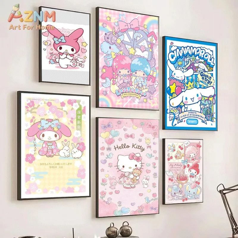 `My Melody Sanrio Kawaii Canvas Wall Art Unframed Poster For Girls Room Pink Heart Sweet Aesthetic Bedroom Dorm Wall Decor`