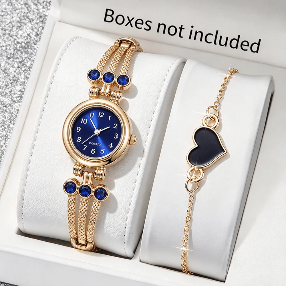 Women's Fashion Simple Dial Quartz Watch + Heart-shaped Bracelet 2-piece Set, Versatile Daily Quartz Watch Set