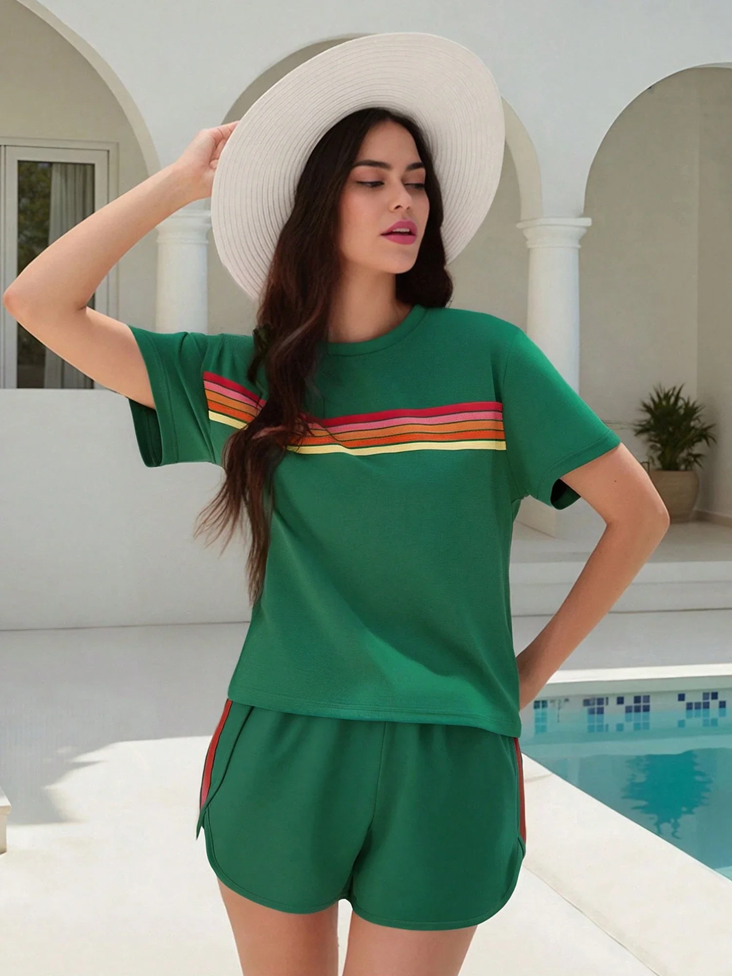 

2 Piece Women Lounge Set Rainbow Striped Top Elastic Waist Shorts Casual Summer Outfit