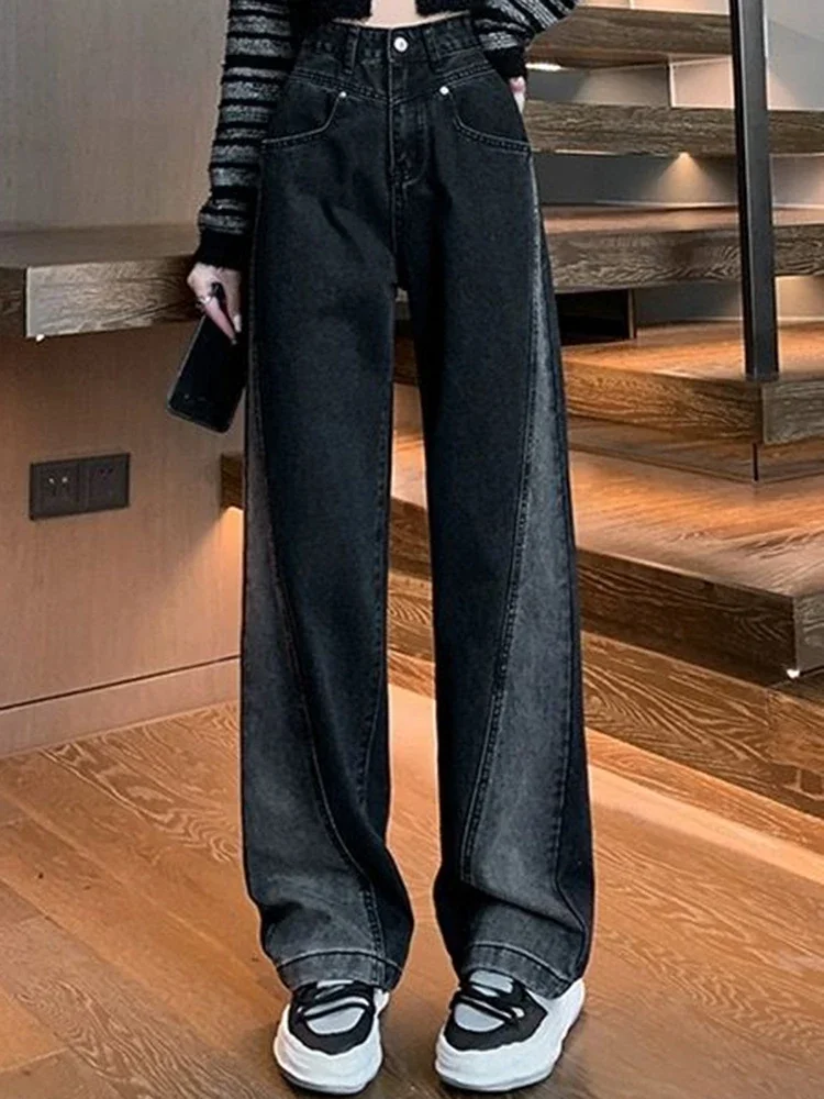 Woman High Waist Jeans Lady American High Street Patchwork Straight Leg Pants Girls Black Gray Contrast Color Wide Leg Trousers