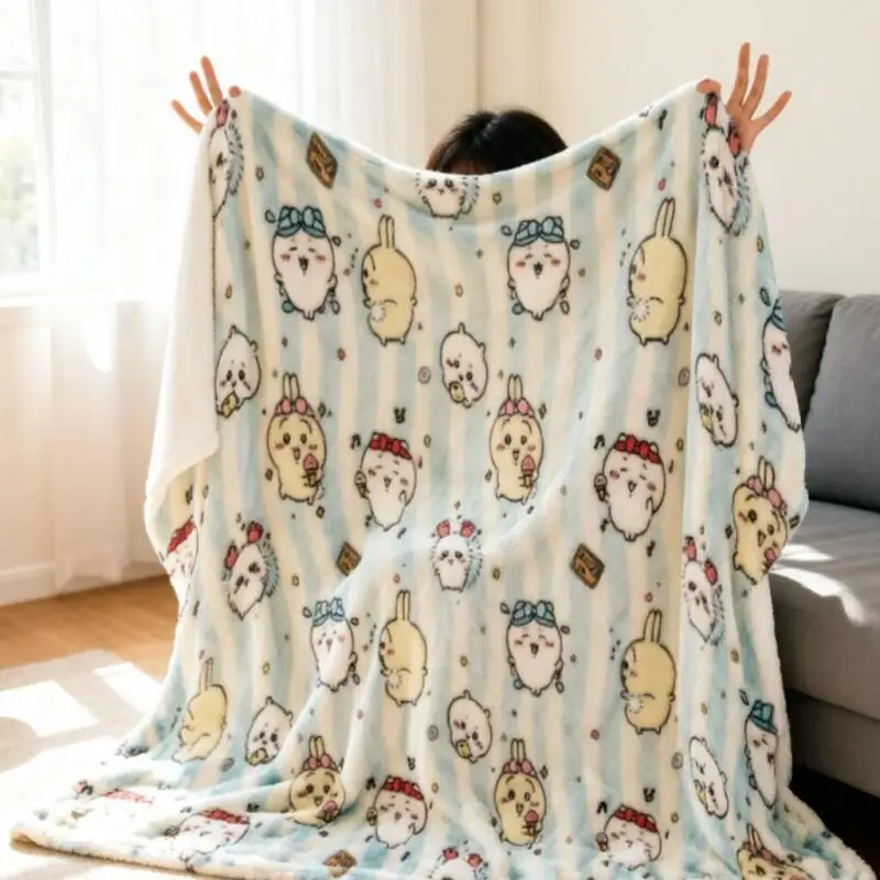 Kawaii Chiikawa Flannel Thin Blanket Usagi Hachiware Office Nap Air Condition Throw Blanket for Student Dorm Sofa Travel Blanket