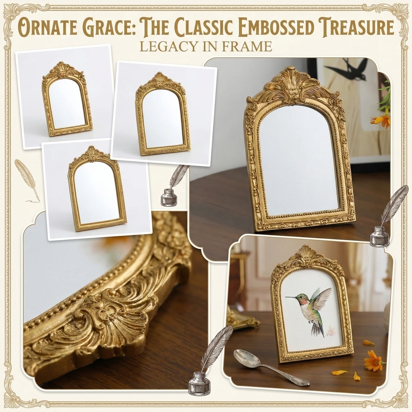 French Vintage Resin Photo Frame, Classic Arched Gold Embossed Decorative Frame, Retro Display Frame Home Bedroom Decoration
