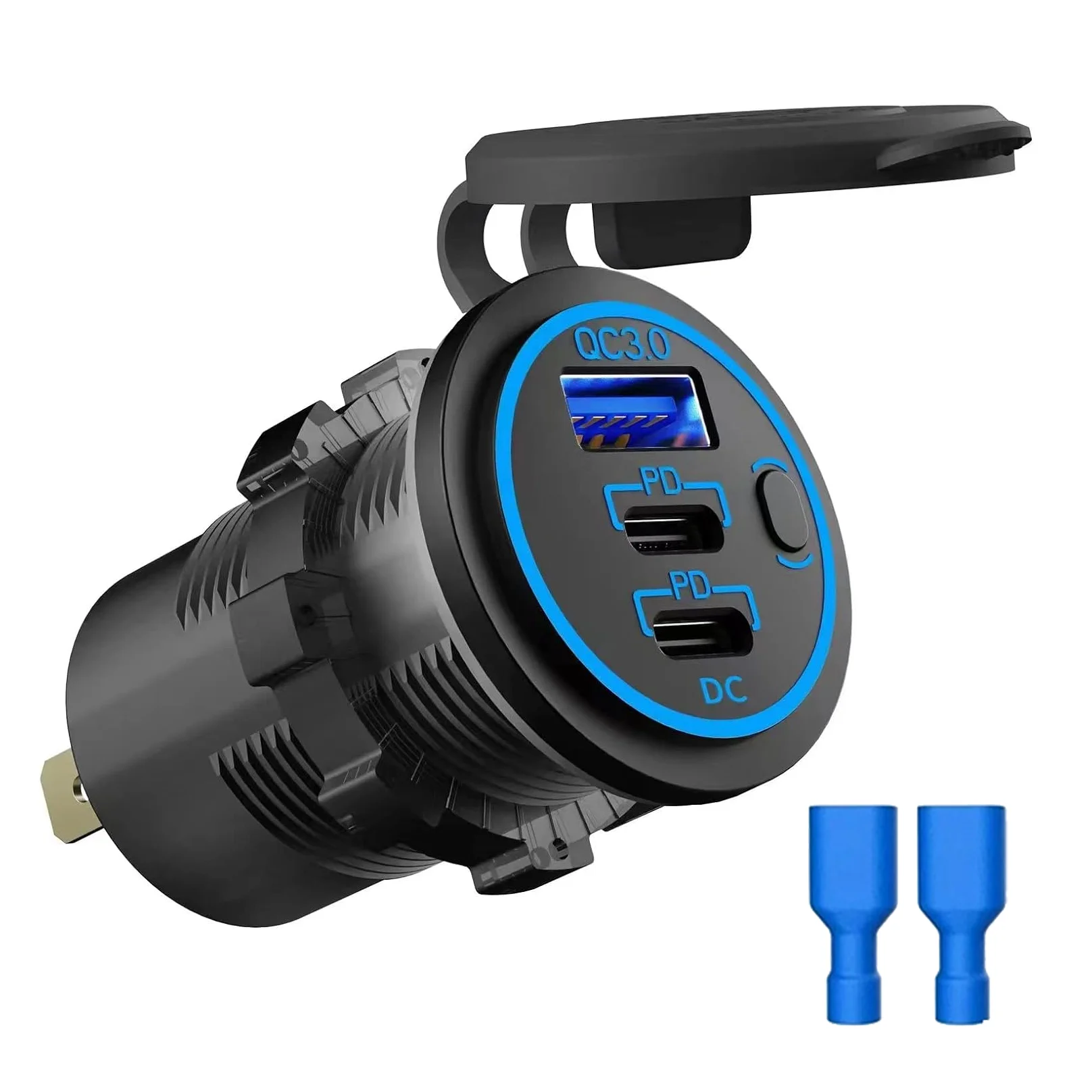 12V Car Charger Dual PD3.0 USB-C and QC3.0 USB Port Power Socket with Switch for Car Boat RV Marine ATV