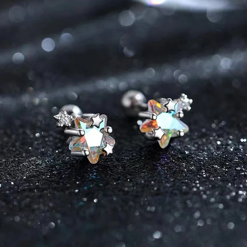Colorful Zircon Star Bead Screw Stud Earrings For Women Classic Fine Jewelry Exquisite Accessories