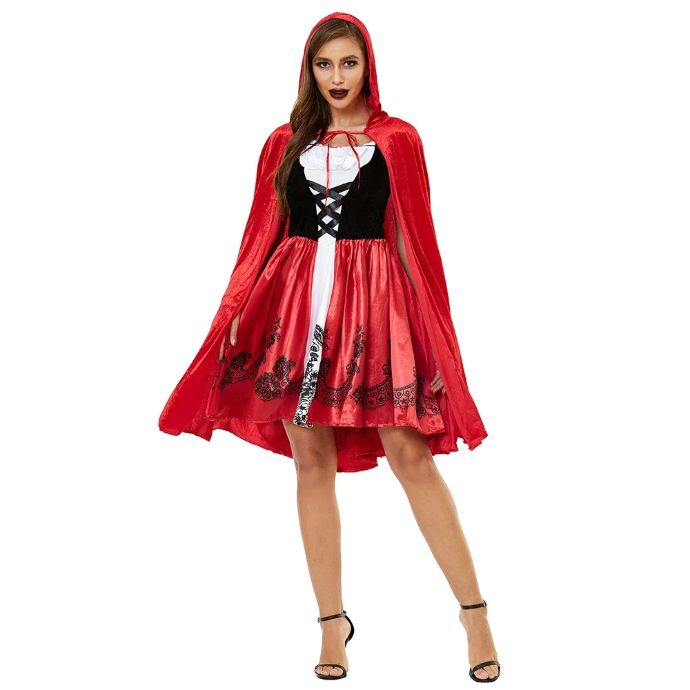 

Sexy Little Red Riding Hood Costume Adult Cloak Uniform Halloween Party Cosplay Fancy Fantasia Carnival Fairy Tale Girl Dress