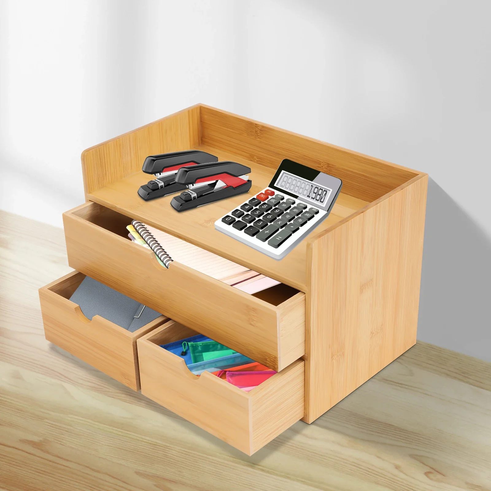 Bamboo Desk Organizer -Tabletop Mini Bamboo Desk Drawer Storage Box w/ 3 Drawers for Home Office