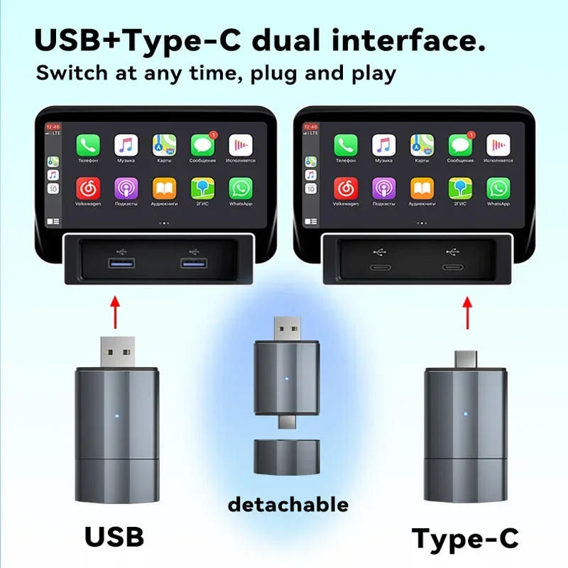 

Aluminum alloy wireless car intelligent converter 2-in-1 USB/Type-C connection to Carplay USB flash drive Wireless Adapter Kit