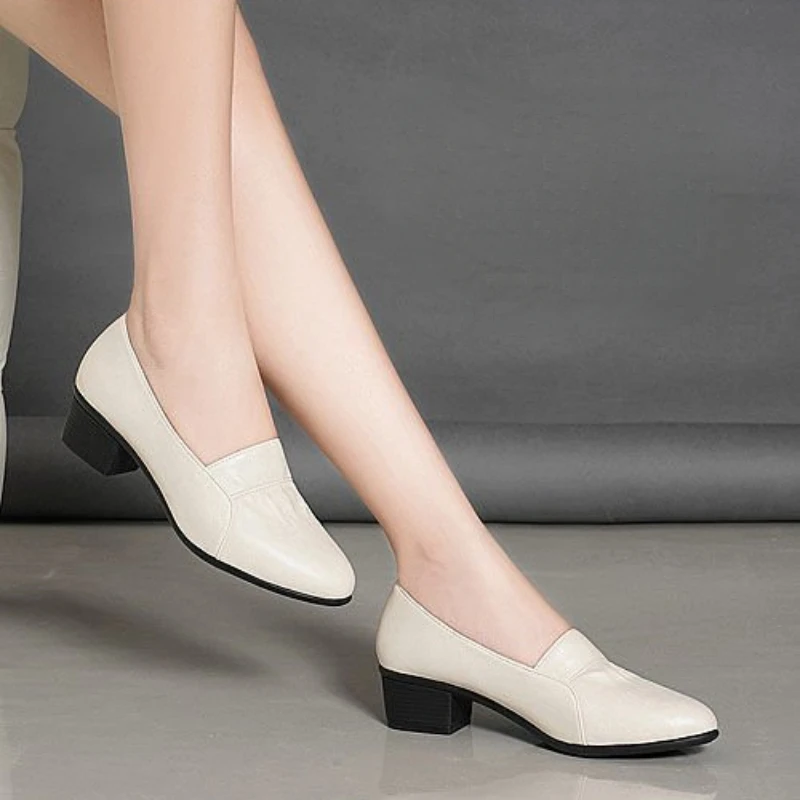 Komfortable Walking-Schuhe für Damen, mittelhohe Blockabsatz-Pumps, Slip-On-Loafer aus PU-Leder, Vintage-Stil, quadratische hohe Absätze, Büro-Damenschuhe, elegante Schuhe – Detail 6