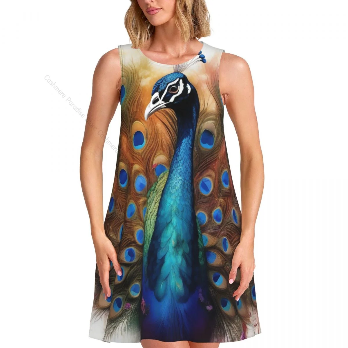 Women's Dress Peacocks Summer Casual T Shirt Dresses Beach Cover up Tank Dress