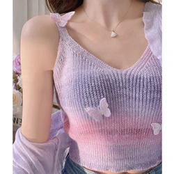 Summer Dopamine Colored Stripes Butterfly Knitted Tank Top Women V Neck Sleeveless Slim Camisole