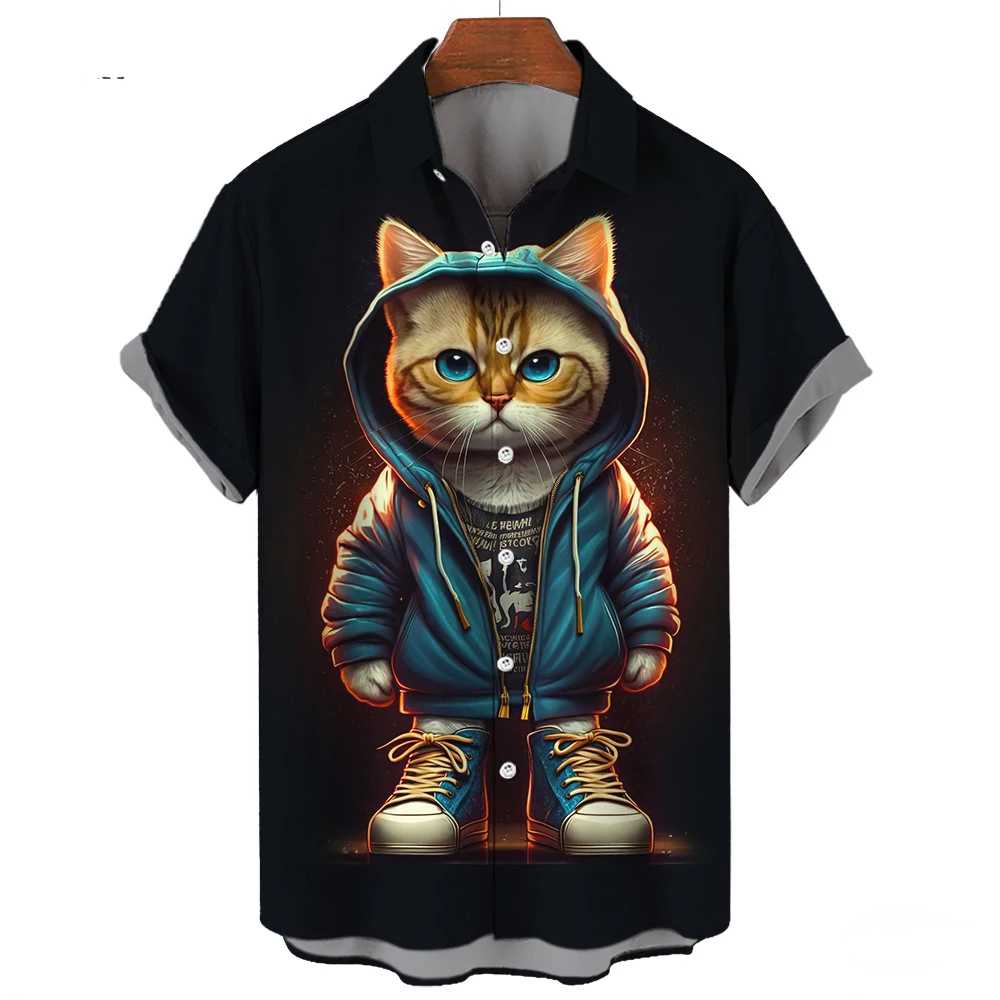 Funny Punk Cat Print Summer Men's Shirts Casual Oversized Short Sleeve Fashion Single-Breasted Blouses Trend Tops Men Clothing