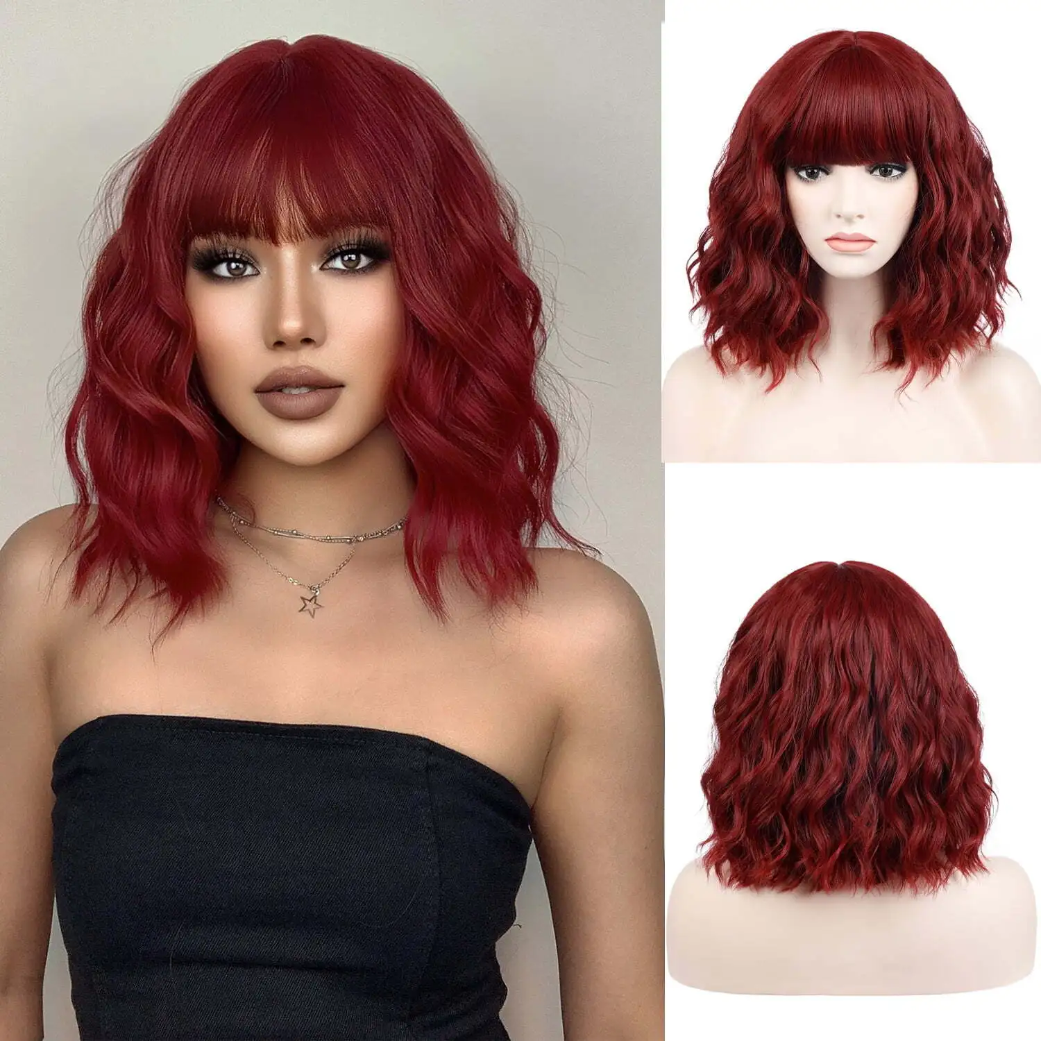 

14" Bright Red Short Curly Wig with Bangs Red
