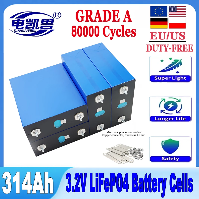 

New 3.2V 314Ah Grade A Rechargeable Lithium Iron Phosphate Batterie 314K DIY 12V 24V 48V E-car boat Inverter Solar EV RV Camping