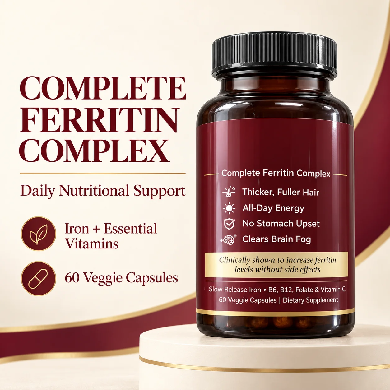 Iron Supplement with B6 B12 Folate & Vitamin C for Energy Metabolism and Hair Health Support Ferritin Complex 60 Veggie Capsules