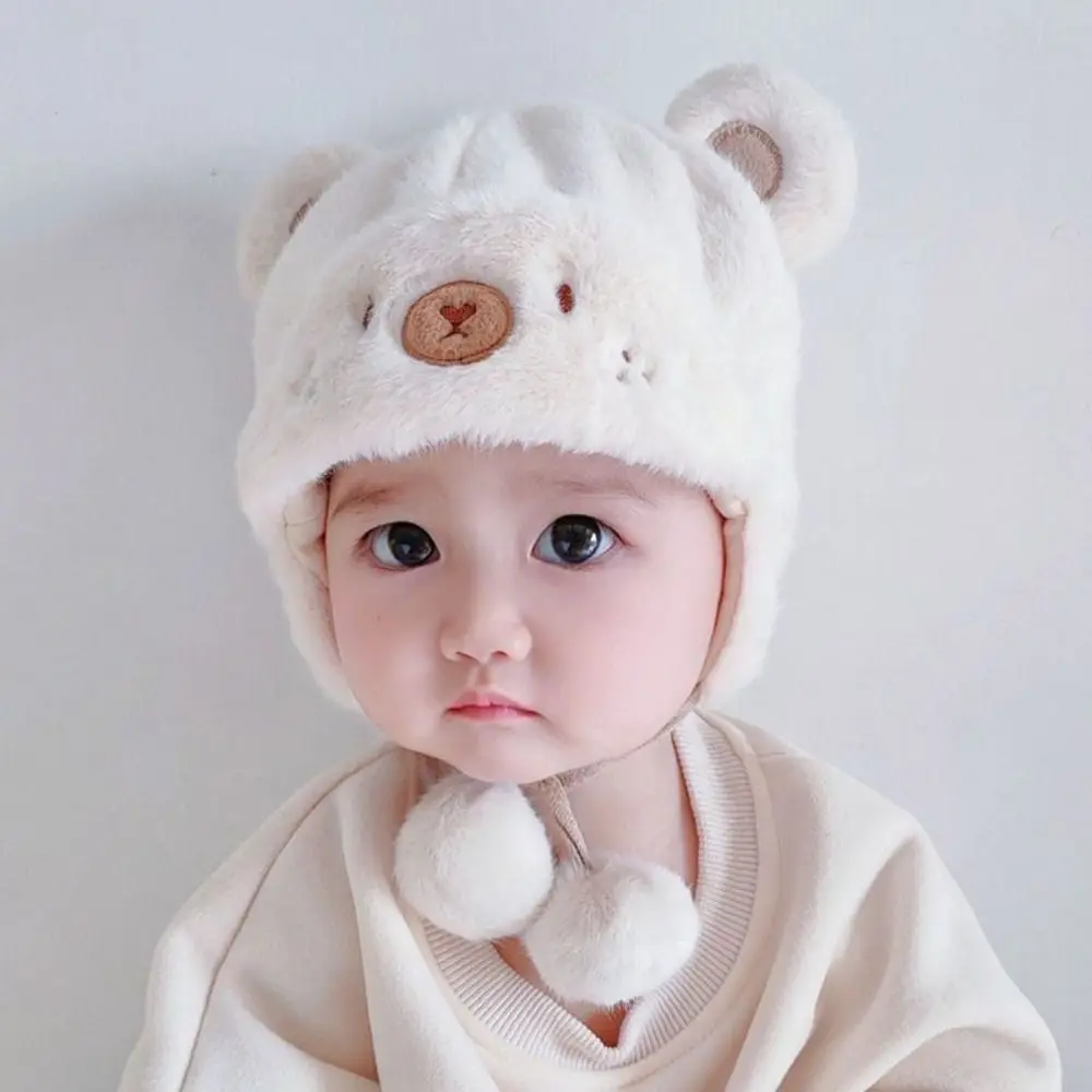 Cute Winter Warm Kids Hats Hemming Caps with Ball Ear Protection Hats Solid Color Newborn Bonnet