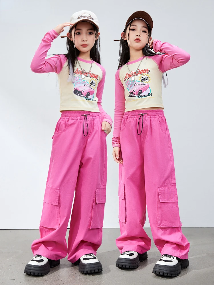 New Hip Hop Dance Costumes for Kids Pink Long Sleeved T Shirt Cargo Pants Suit Teenage Girls Jazz Performance Show Stage Clothes