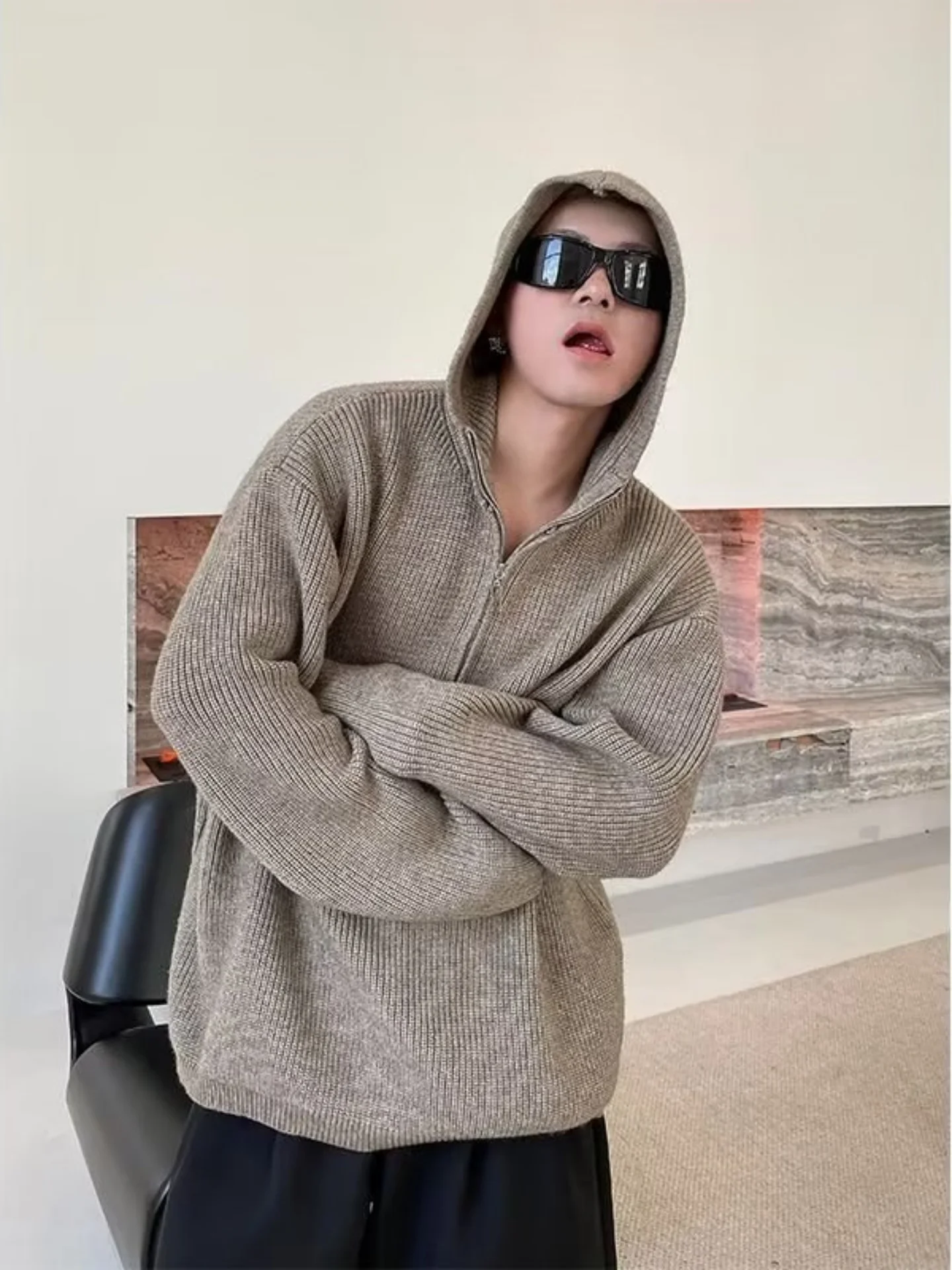 

American Retro Color Hoodie Men's Autumn Winter Simple Casual Lazy Sle Loose Knittedwear Outerwear for Teens And Youth