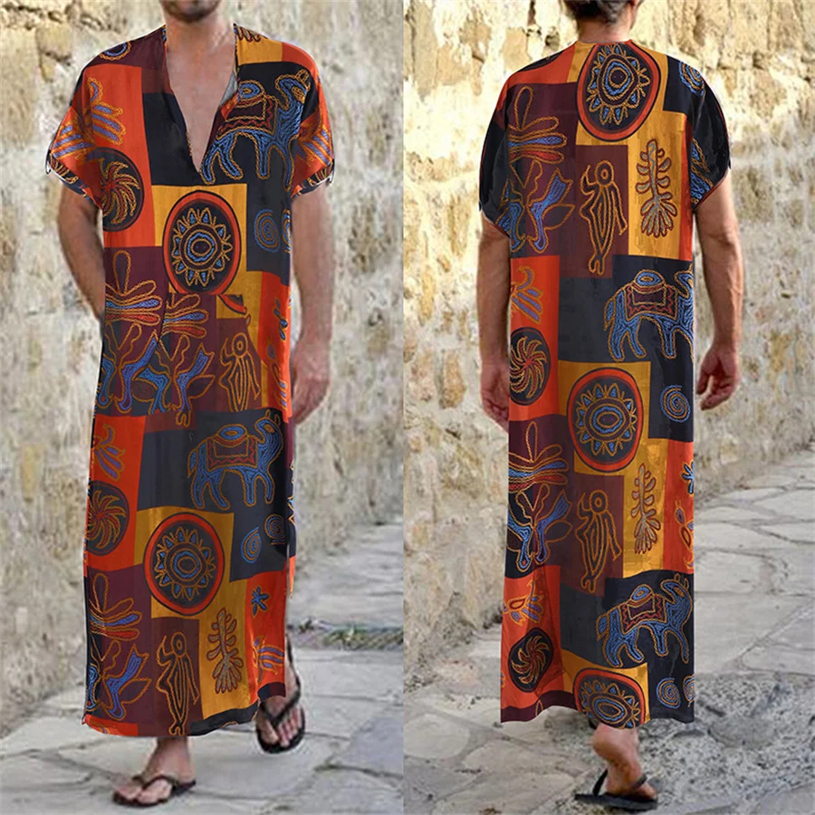 Muslim Robe for Men Leisure Ethnic Print Islam Clothing Prayer Middle East Jubba Thobe Short Sleeve Abaya Turkey Dubai Kaftan