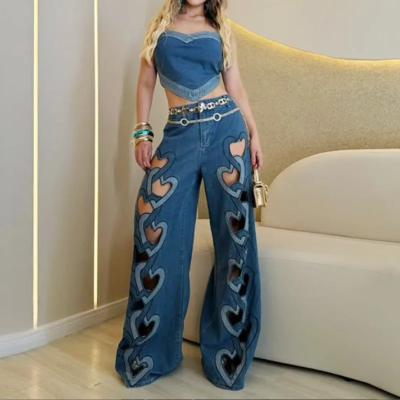 

Fashion Trend Wind Jeans Female 2025 New High Waist Print Love Hollow Design Straight Pants