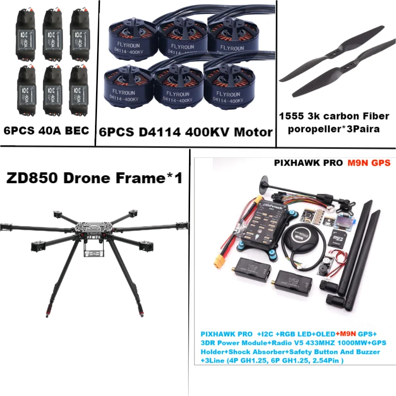 

ZD850 PRO M9N Full Carbon Fiber 850mm Hexa-Rotor Frame BLHELI 40A ESC PIXHAWK Flight Comtrol Rado Telemetry Set