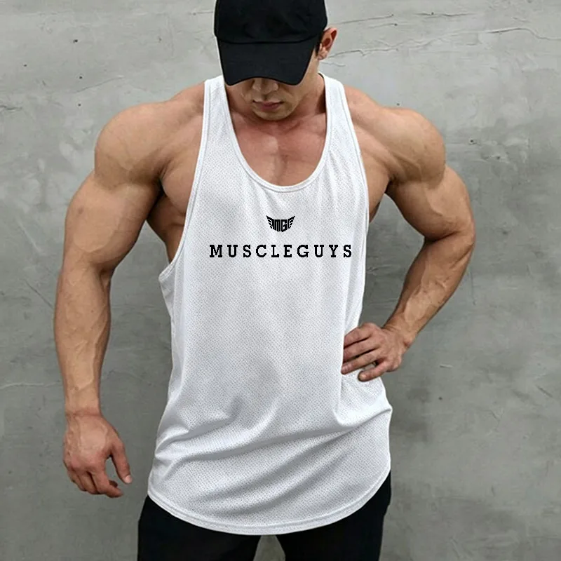 Men's Running Vests Mesh Stringer Tank Top Quick Dry Sleeveless Gym Shirt Curved Hem Sportswear Bodybuilding Training Jogging