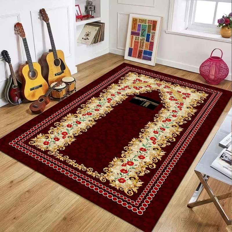Kaaba Print Area Rug Non-slip Floor Mat Islamic Prayer Pattern Carpet Home Decoration for Bedroom Living Room