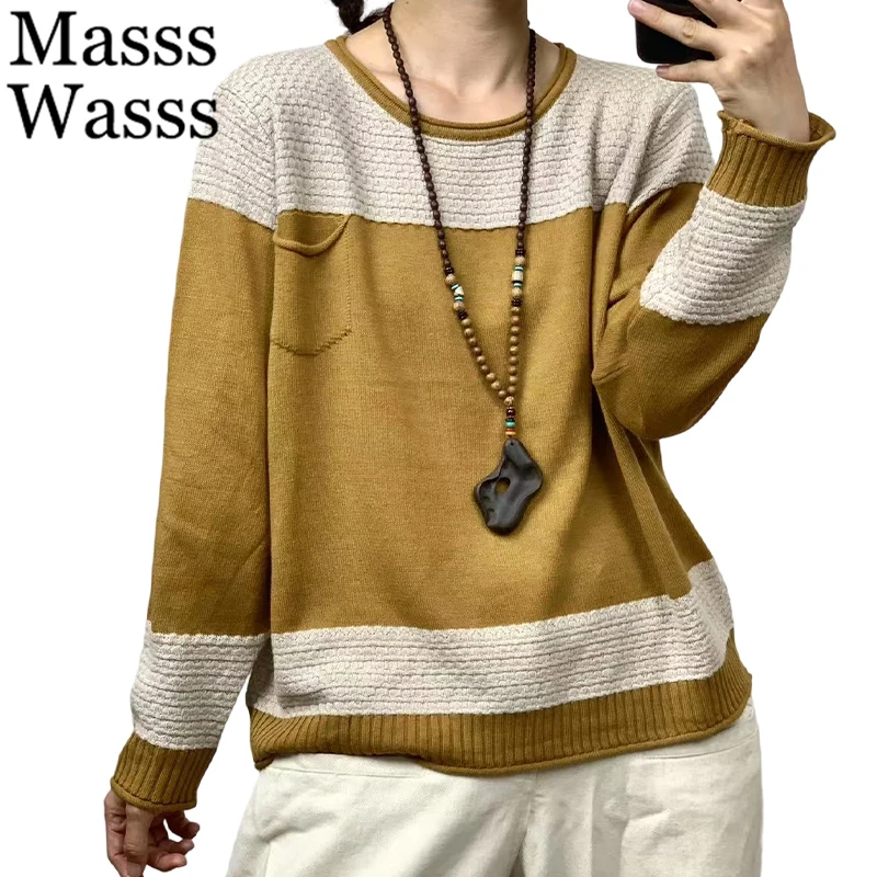 

Брендовые корейские джемперы Mass Wass, женские классические лоскутные модные винтажные вязаные свитера, женские роскошные элегантные пуловеры для отдыха