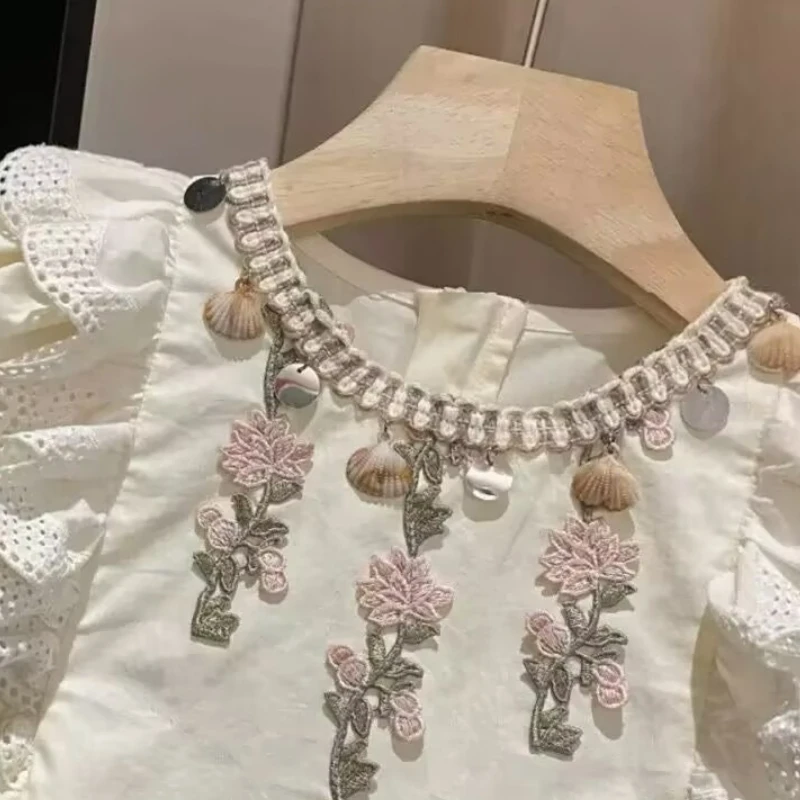 2025 Summer Girls Embroidered Princess Dress Bow Cotton Unique Sweet Dress for 2-7Y Kids, Breathable Floral Design