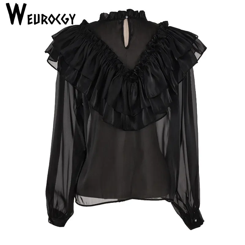 Women Blouse 2023 Summer Korean Edition Elegant Splicing Fashion Ruffles Top Autumn Flare Beading Chiffon Long Sleeve Shirt