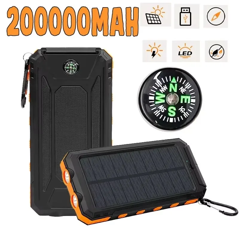 200000mah large capacity fast solar power bank fishing camping backup power portable compass