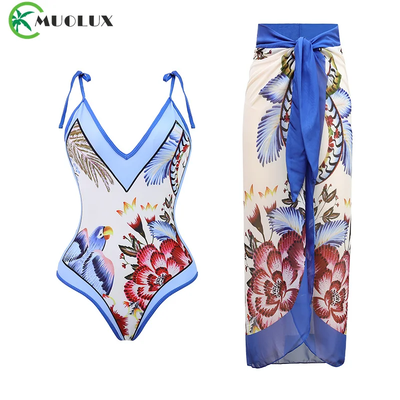 2024 Women Swimwear 3 Piece Bikini Set 3D Flower Vintage Print Bathing Suit High Waist Swimsuit Sexy Summer Beach Dress Bodysuit