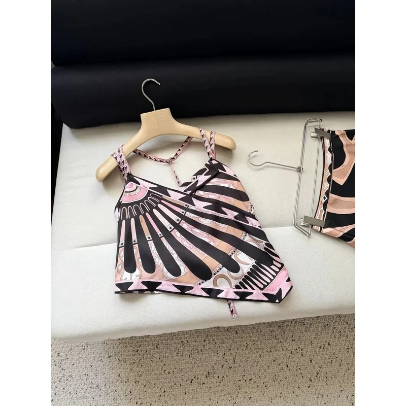 Women Pink And Black Geometric Pattern Irregular Hem Sexy Suspender  Silk Top