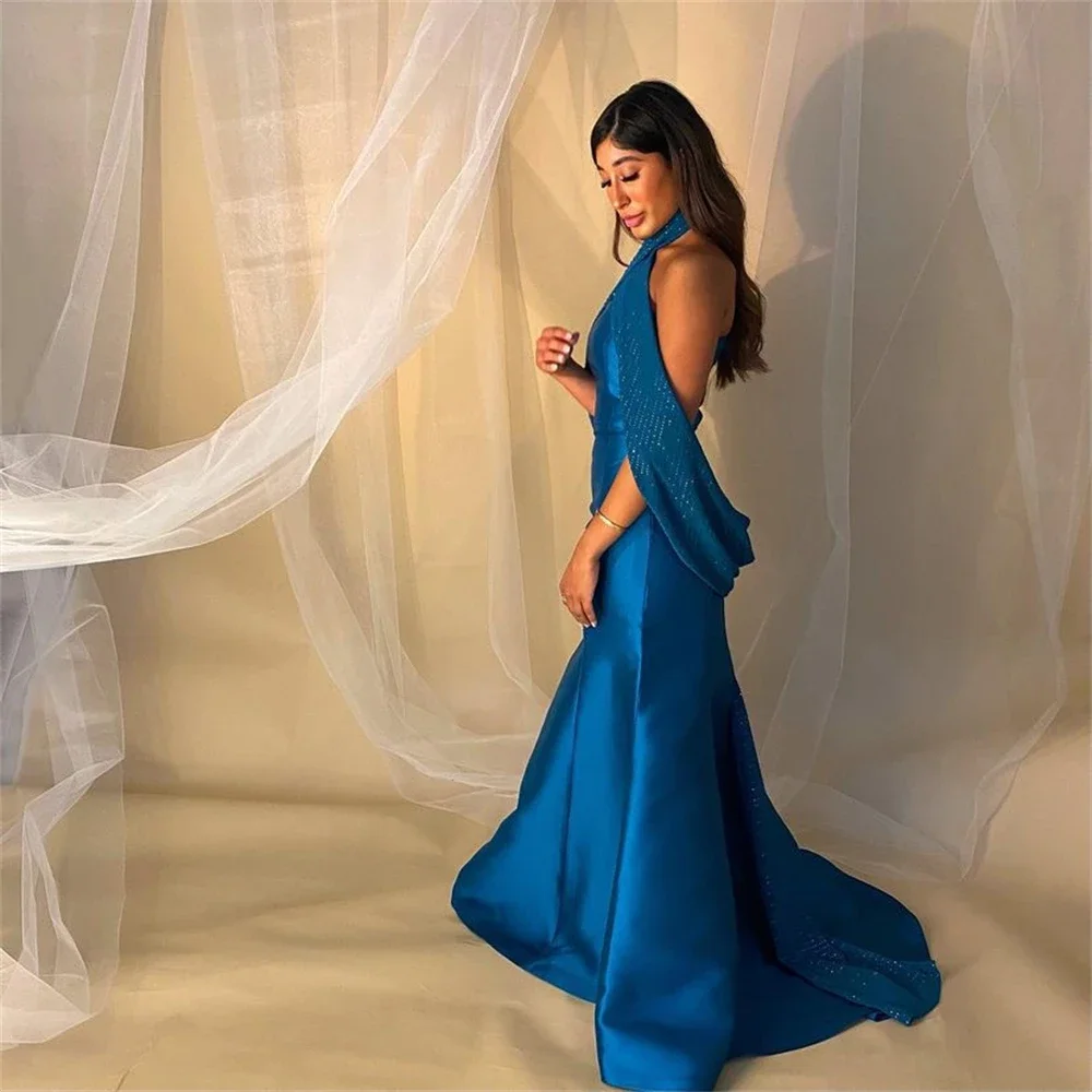 Vestidos de baile personalizados moda halter sereia vestido de festa até o chão cruz frisada vestidos de noite formais فستانphp onderkus