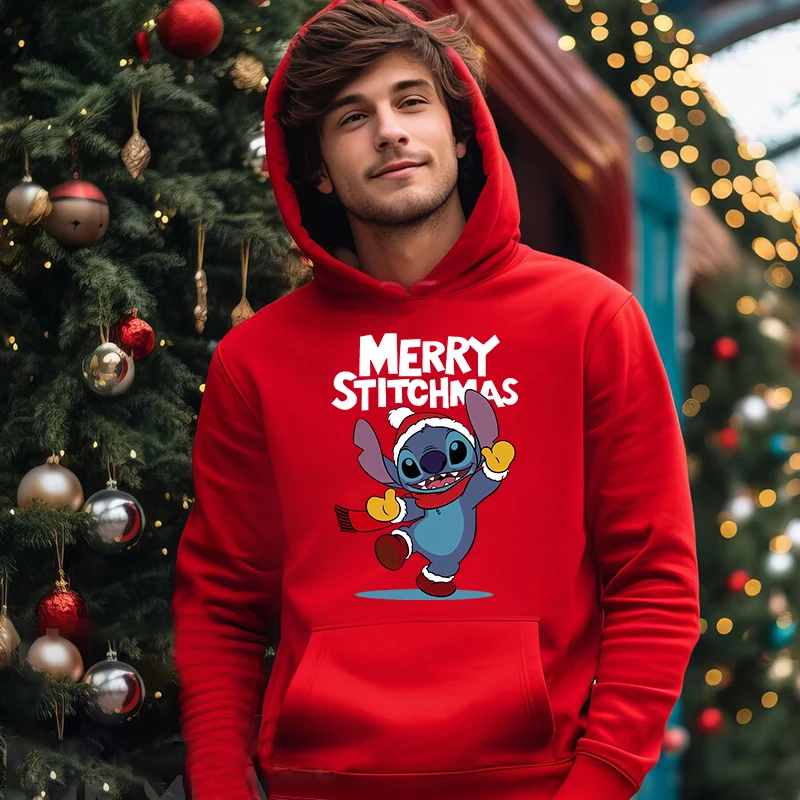 Stitch Christmas Print Men\'s Autumn and Winter Hoodie Plus Velvet Sports Sweater Red Loose Men\'s Clothing