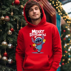 Stitch Christmas Print Men's Autumn and Winter Hoodie Plus Velvet Sports Sweater Red Loose Men's Clothing