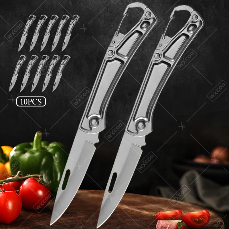 

10PCS Folding Knife Stainless Steel Fruit Knife Pocket Knife with Keychain Utility Knife Non-slip Handle Kitchen Accessories