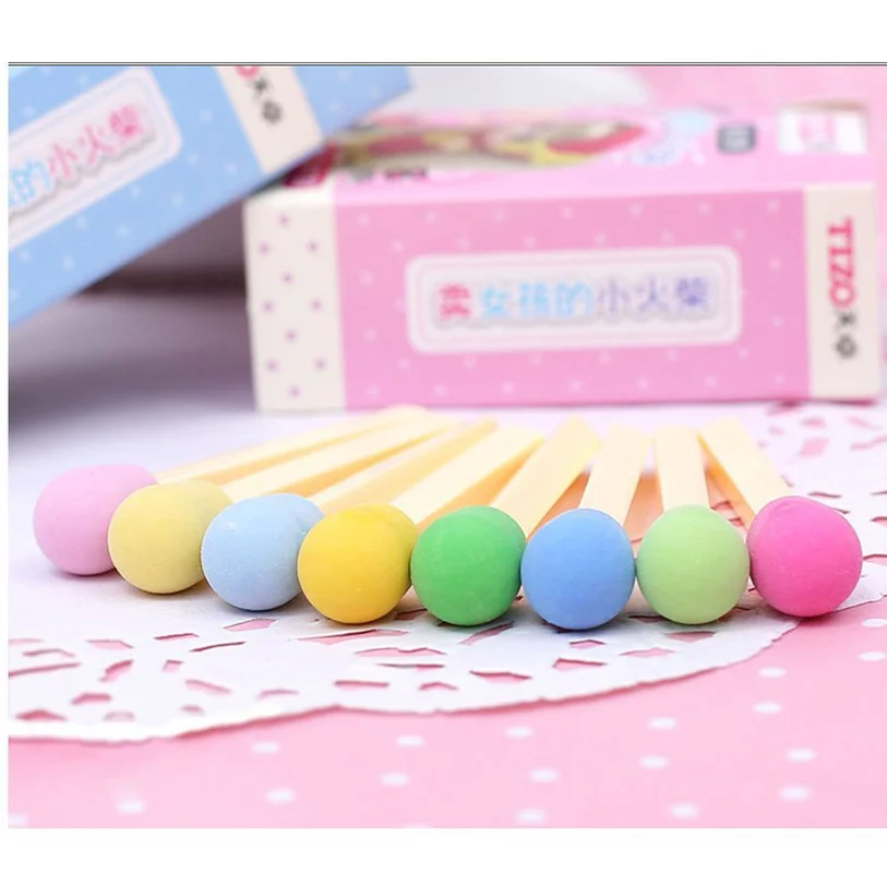 8pcs/box Cute Kawaii Matches Eraser Lovely Colored Eraser For Kids Students Kids Creative Item Gift