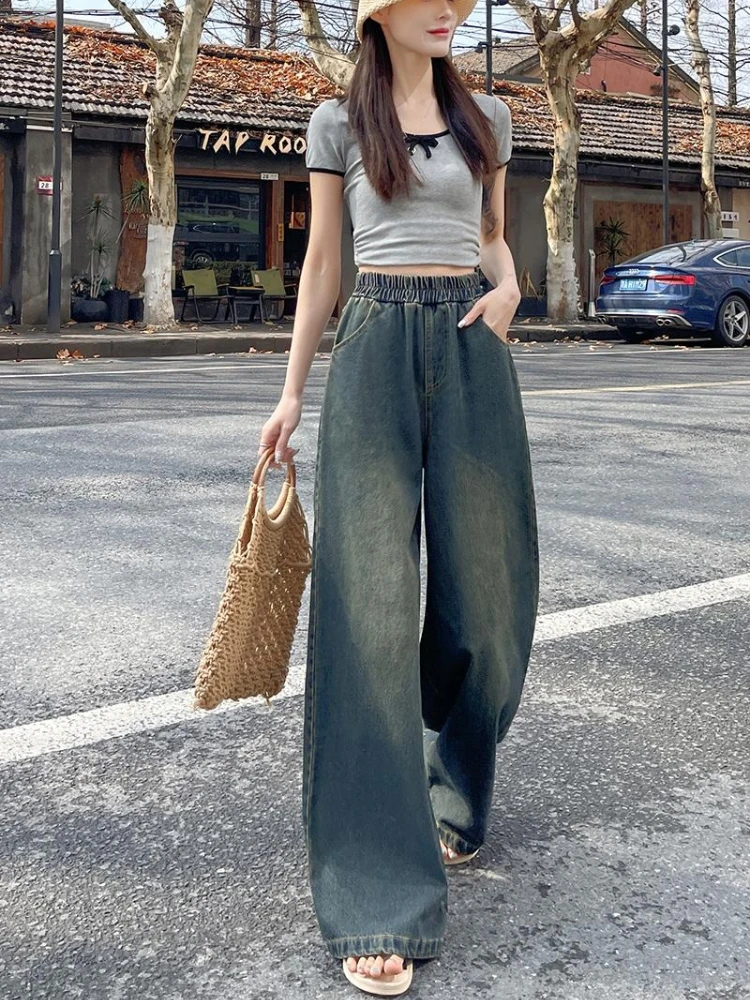 2026 Spring Summer High Waist Women Jeans Vintage Washed Spliced Elastic Waist Loose Female Tide Full-Length Wide Leg Pants
