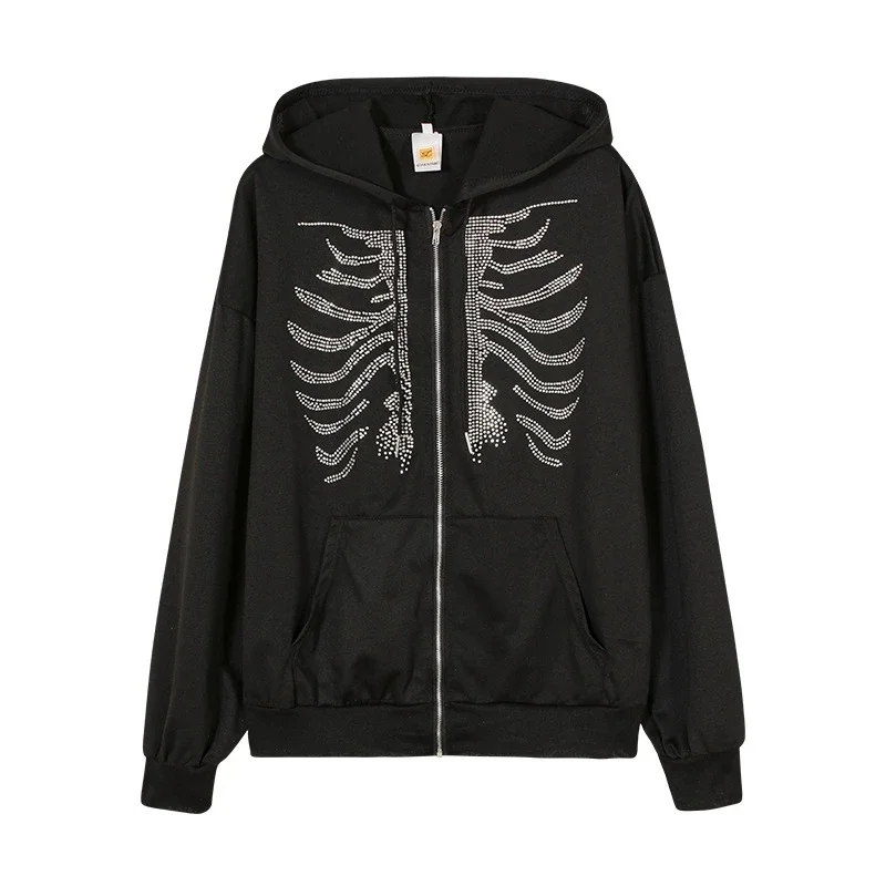 Women\'s Rhinestone Skeleton Hoodies, Gothic Black Zip Up,Oversized Sweatshirts, Female Retro Harajuku Hooded Jacket, Streetwear,