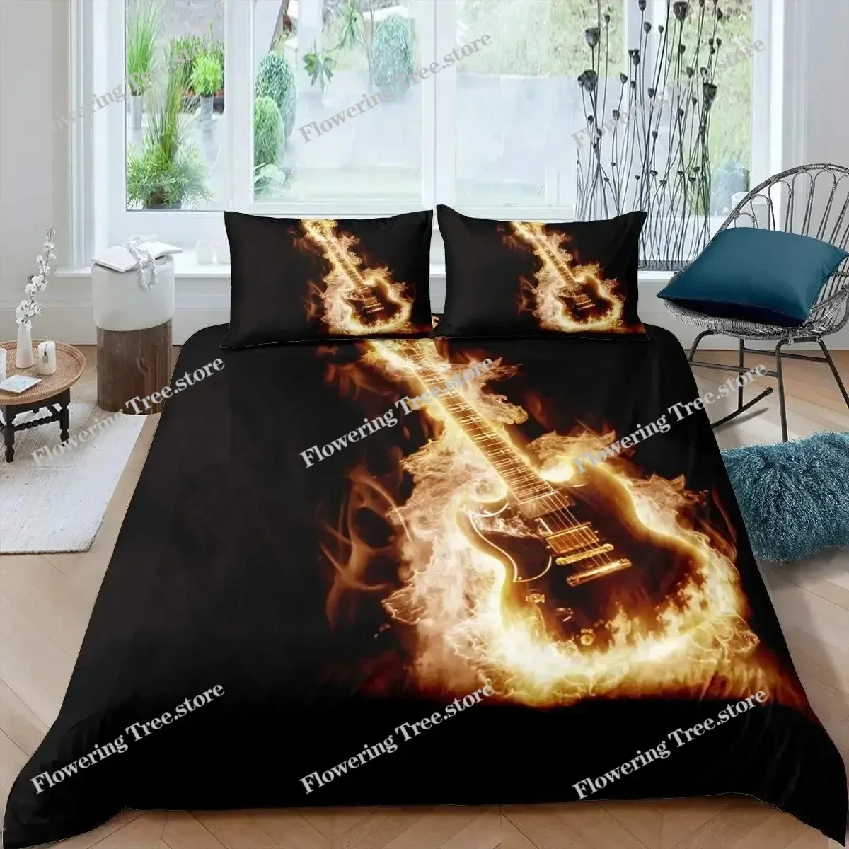 

Guitar Duvet Cover KingQueen Size Rock Music Bedding for Kids Teens Vintage Guitar on Wooden Floor Polyester Quilt Cover Grey