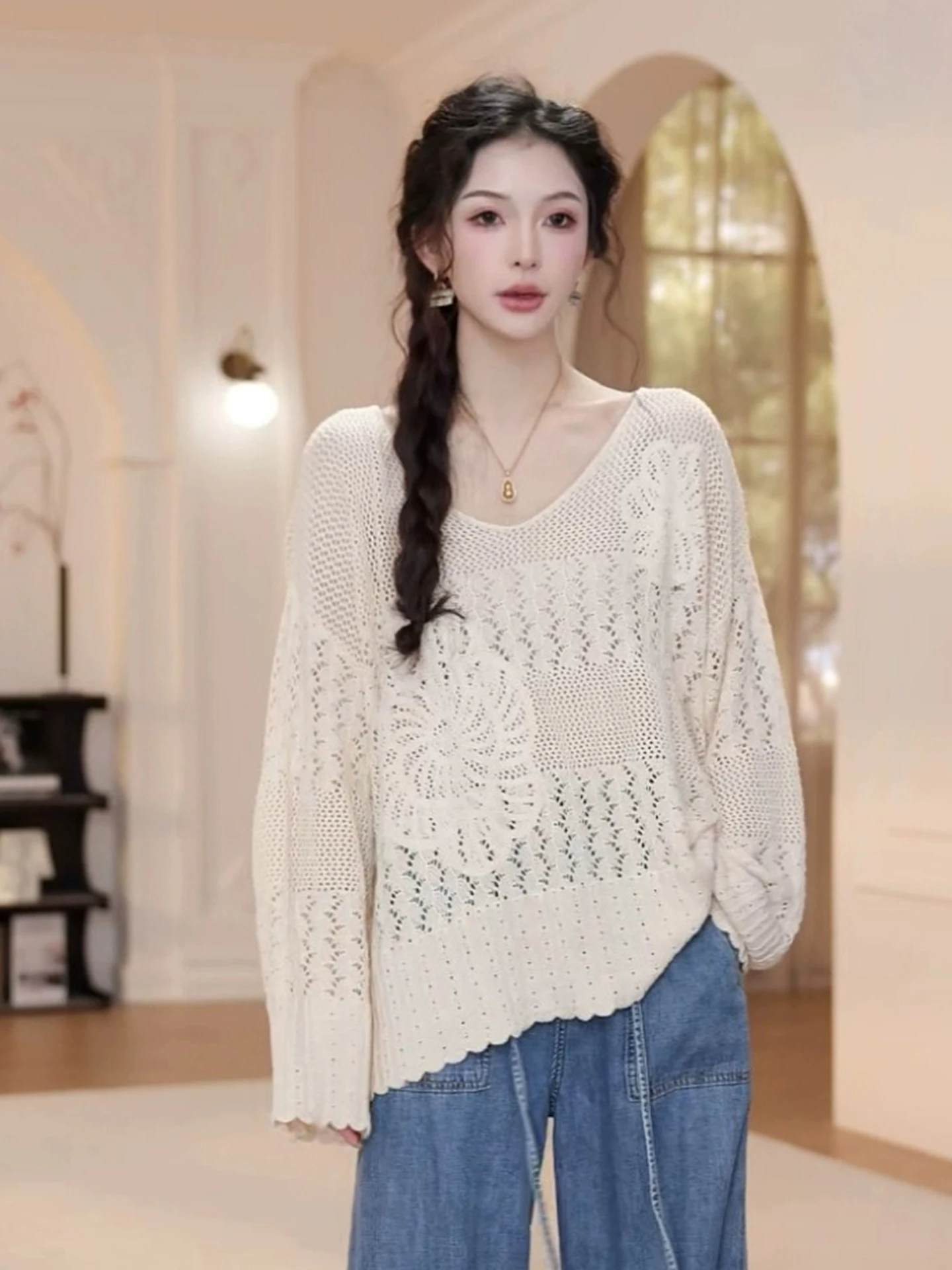 

Модный вязаный длинный све све с вырезами, удобный свободный осенний топ модного цвета для женщин, одежда для поездок на работу