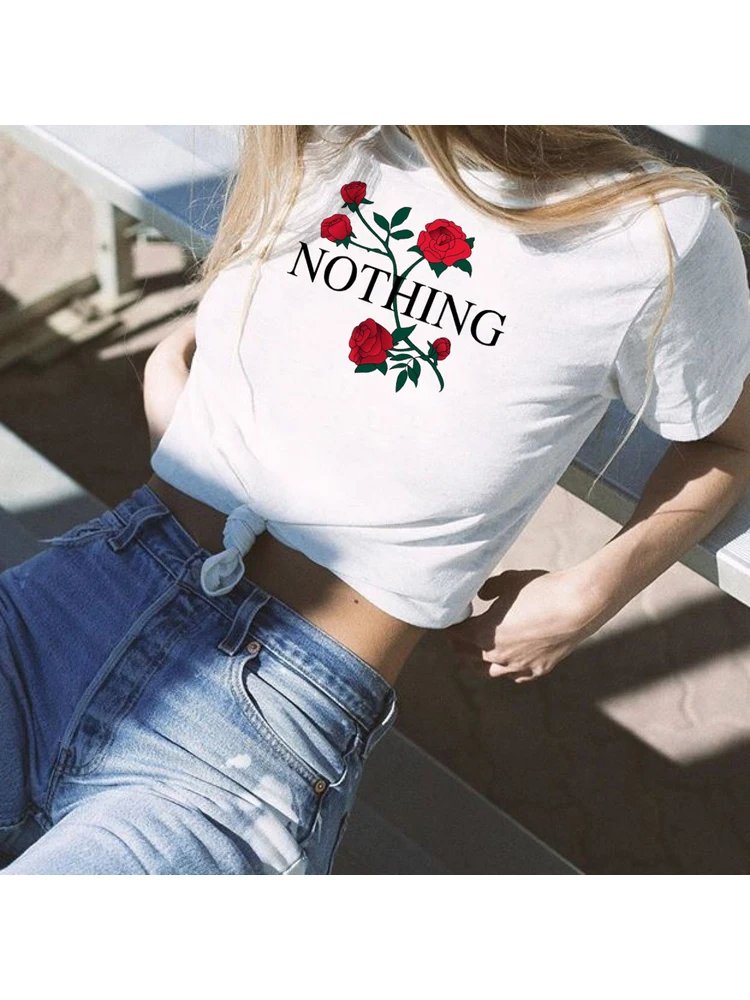 

Nothing Rose Grunge Graphic Tee Women Summer Casual Short Sleeve White Shirt Nothing Rose Aesthetic TShirt Tumblr Clothes