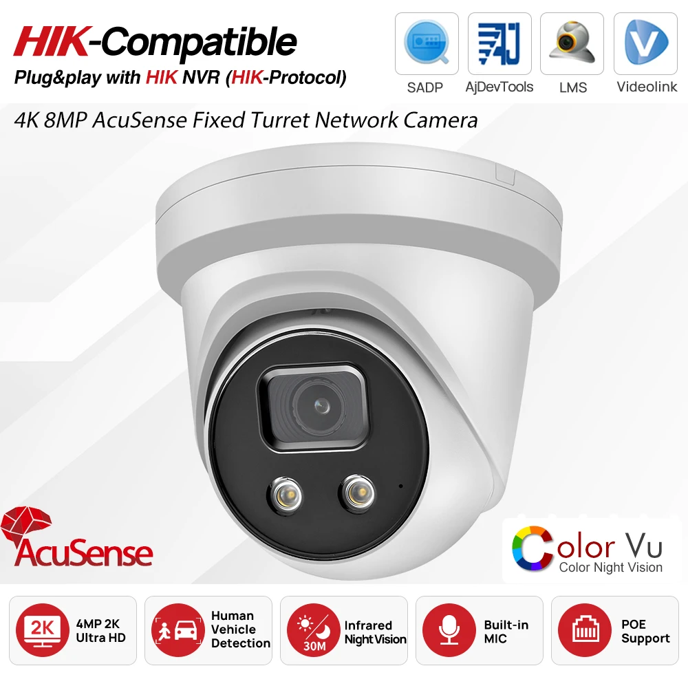 

OEM HIKVISION 4K 8MP PoE Replace DS-2CD2386G2-IU IP Camera Turret AcuSense Human Vehicle Classification Built-In Mic H265+