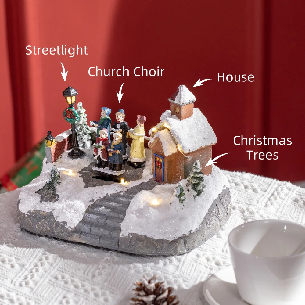 1 HOMCOM Modern Christmas Village Choir Scene, Desktop Winter Fairyland Model, With Colorful LED Lights, Battery Power, PET