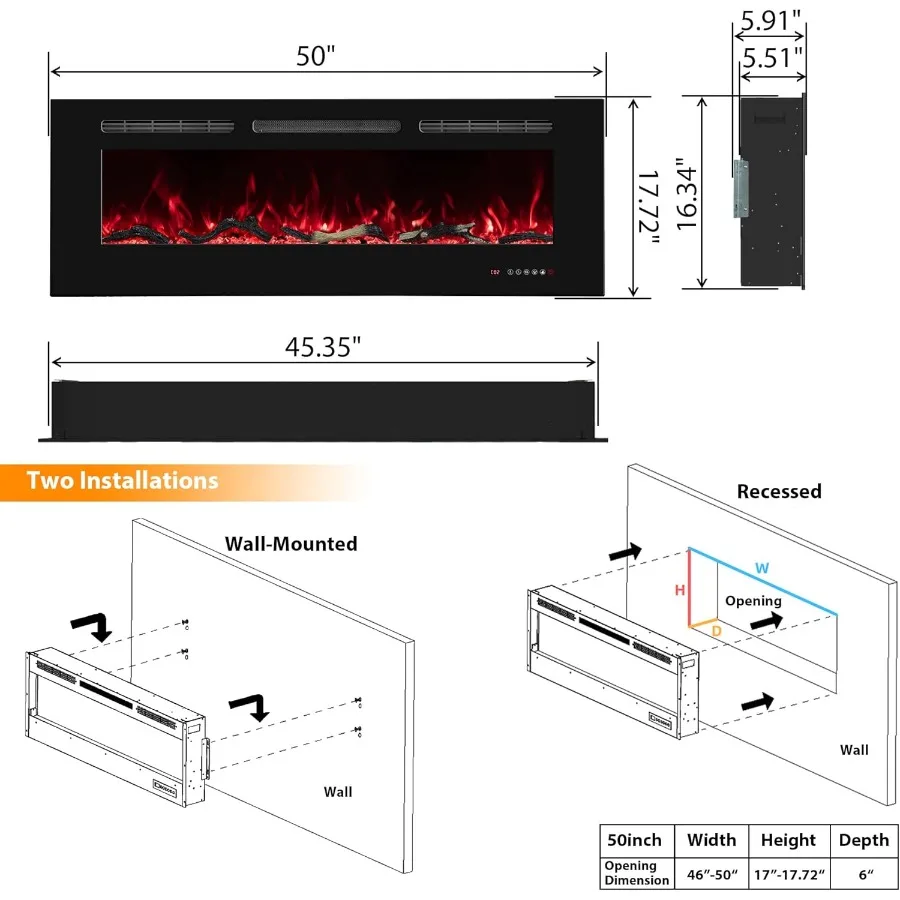 Inserção de lareira elétrica montada na parede de 50 polegadas de largura com efeitos de chama realistas de 13 x 13, temporizador e termostato de operação de baixo ruído