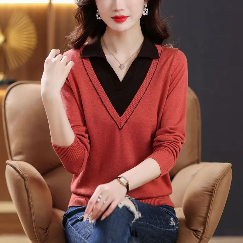 2023 Spring Simple Fake Two Piece Women's Sweater New Loose Luxury Fashion Versatile Knitwear Casual Office Lady Classic Top