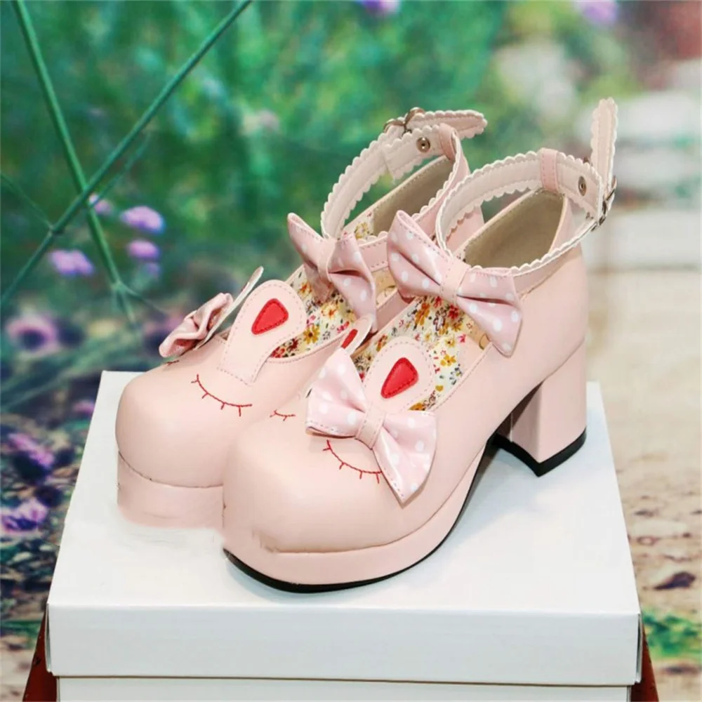 Cosplay Shoes Women Summer  2022 Rabbit Ears Mori girl Lolita Round Head Thick Middle Heel Bowknot Princess Kawaii Shoes